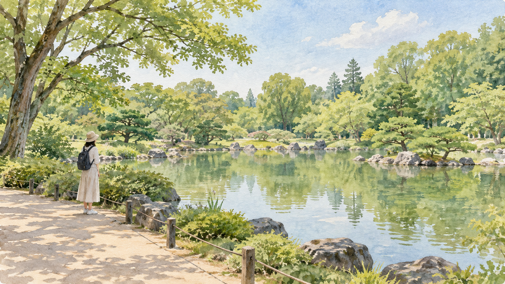池と木々に囲まれた日本庭園を午後に歩くイメージの水彩イラスト