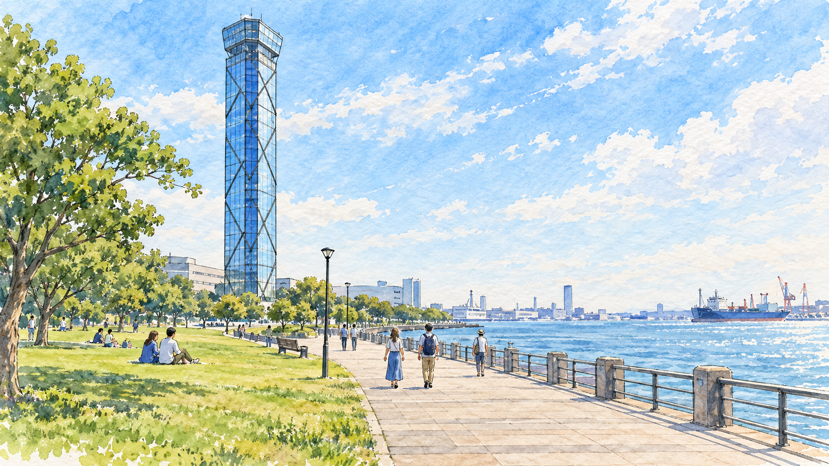 千葉港を背景にした千葉ポートタワーと海沿いの遊歩道のイラスト