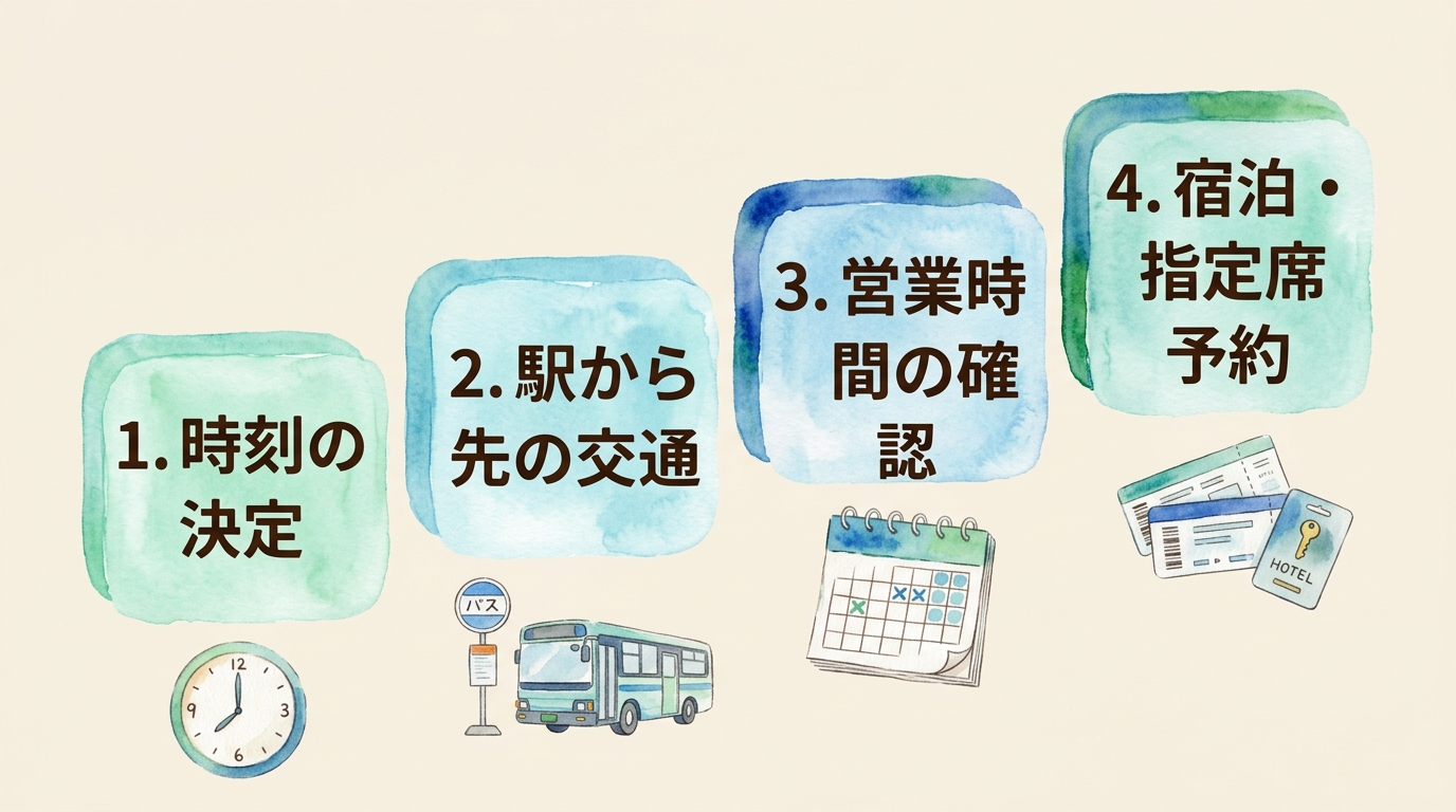 行き先決定から出発時刻・駅から先の交通・営業時間・予約へと進む4ステップの図解