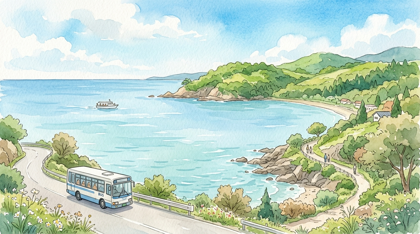 海沿いの観光地で路線バスや観光船を使って景色を楽しむ様子の手描きイラスト