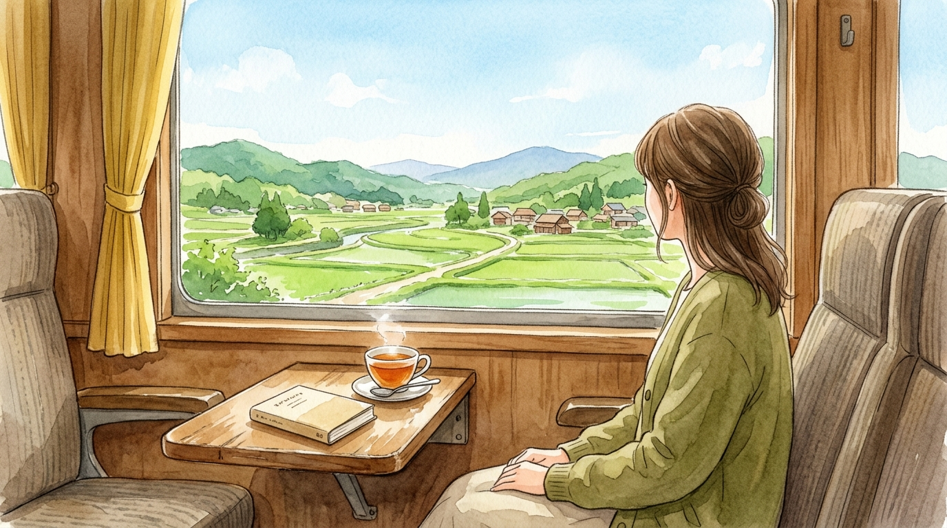 電車の車窓から流れる景色を眺めながら快適に旅する様子のイラスト