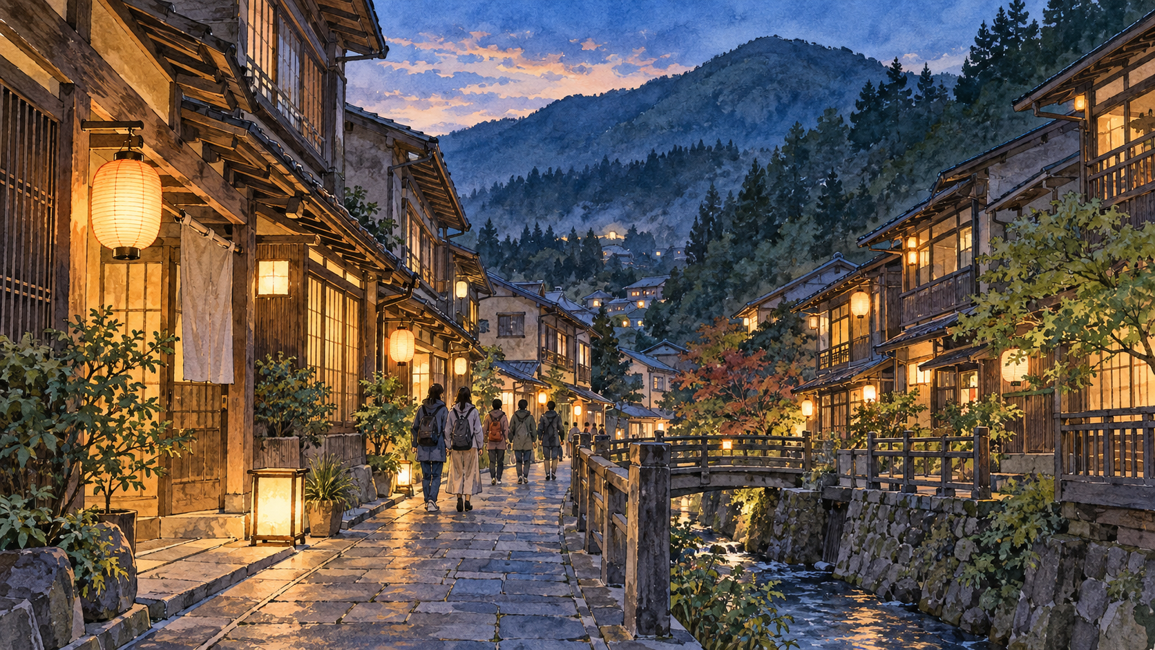 木造旅館と提灯が並ぶ山里の温泉街の夕景イラスト