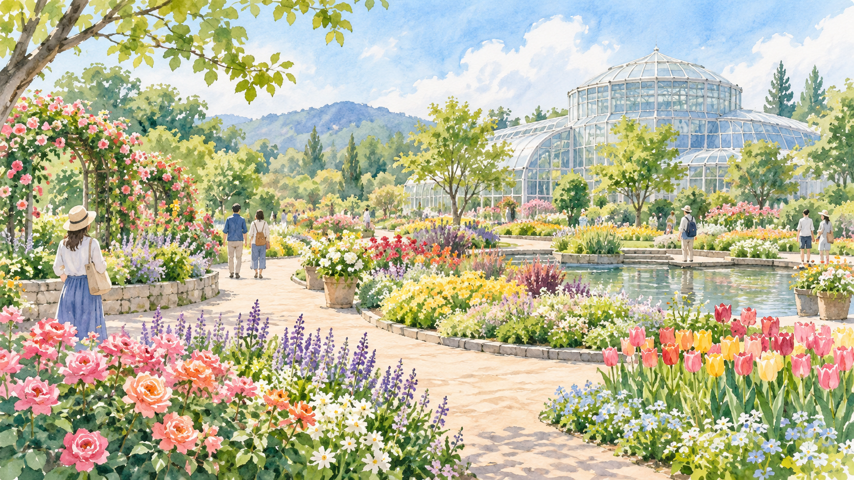 季節の花と大温室をイメージした手描きの植物園イラスト