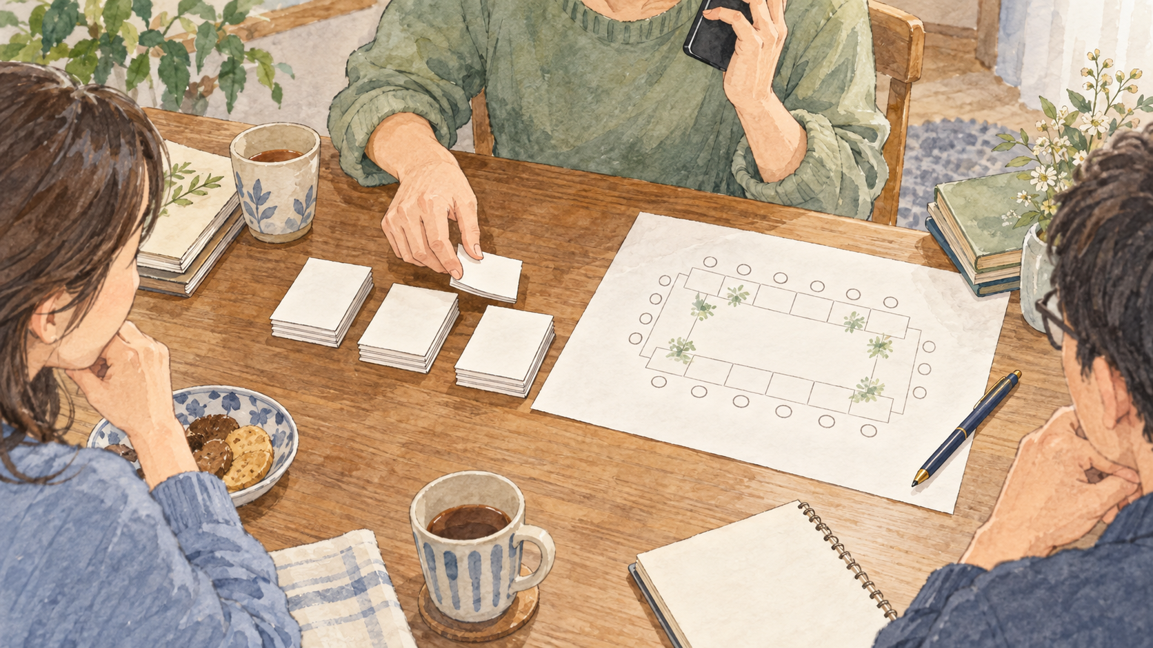 仲間と部屋割りを相談しながら団体宿泊の電話をする幹事のイラスト