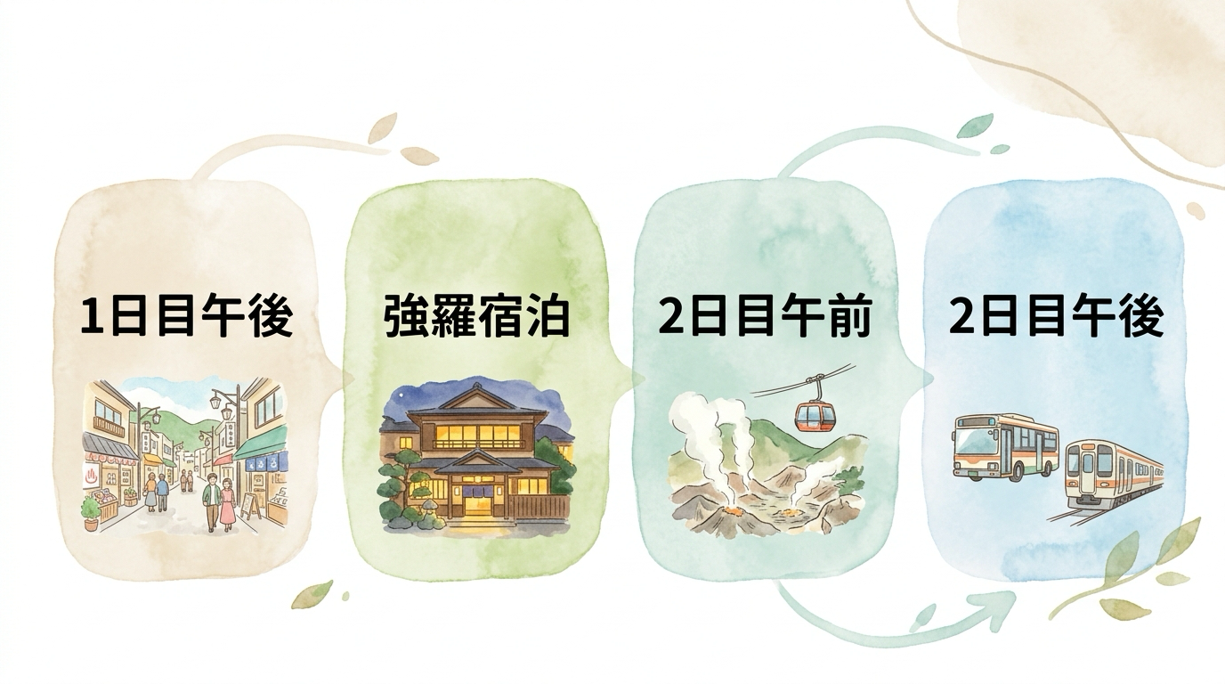 箱根1泊2日モデルコースの1日目と2日目の流れを示すタイムライン図