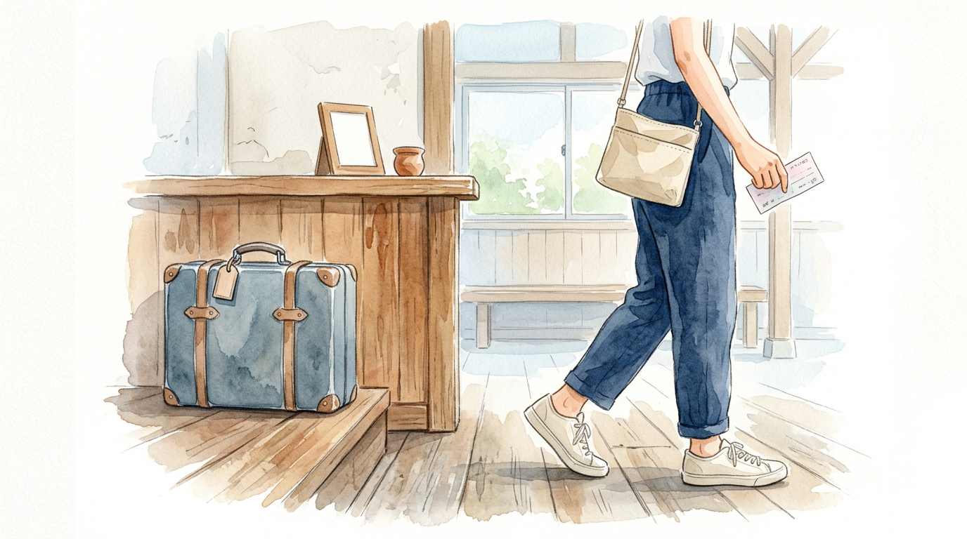駅でスーツケースを預けて身軽に出発する手ぶら観光のイメージイラスト
