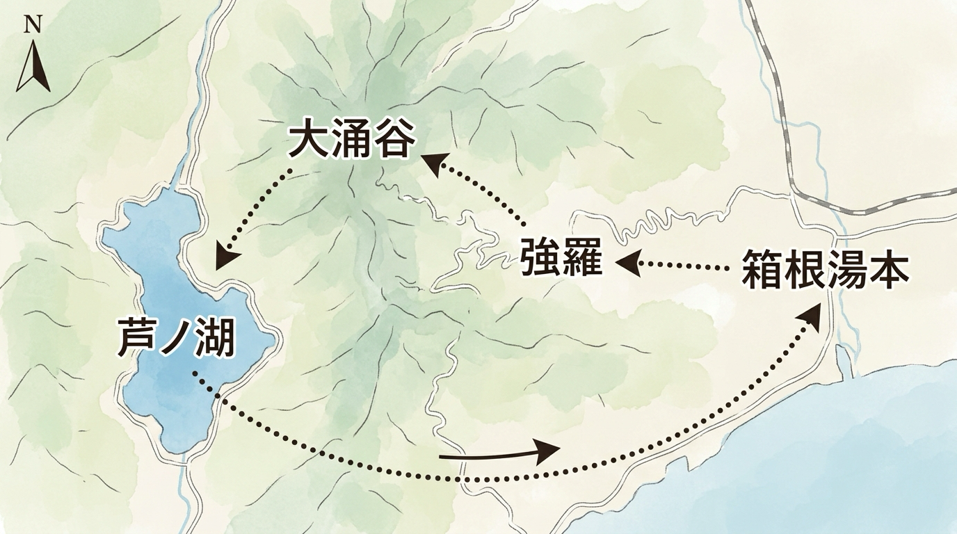 箱根湯本から強羅・大涌谷・芦ノ湖を一筆書きで巡る反時計回りルートの簡略マップ