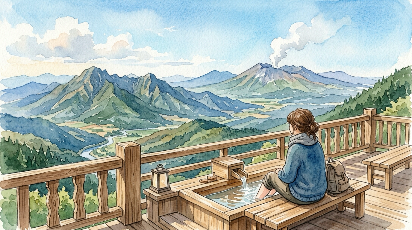 木のぬくもりある展望テラスの足湯と遠くに望む大涌谷の山並みイラスト