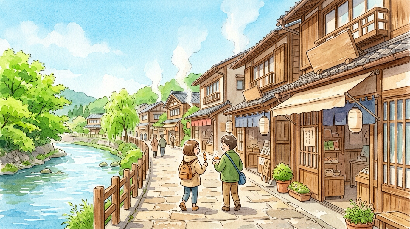 賑やかな箱根湯本駅前の温泉街商店街と食べ歩きを楽しむ様子のイラスト
