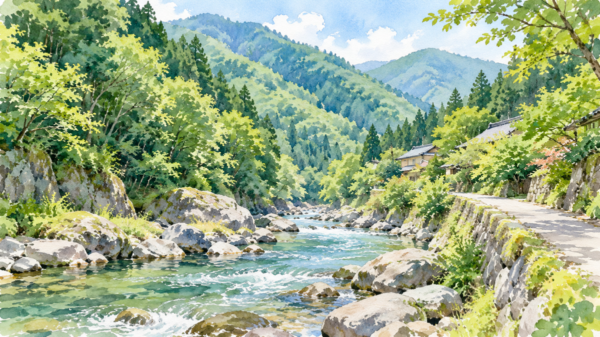 川のある山あいの温泉地を想起させる手描きイラスト