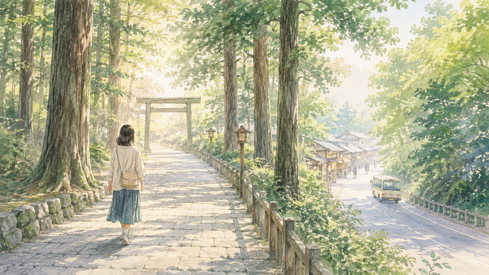 杉木立の参道を朝に歩き外宮から内宮へ向かう伊勢旅行のイメージ