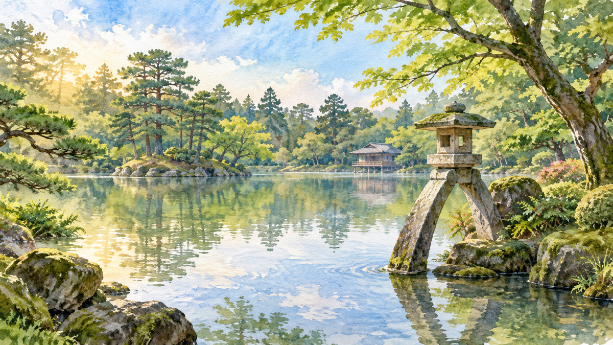水面に映る木々と石灯籠が落ち着いた風情を醸し出す、金沢・兼六園の日本庭園イラスト