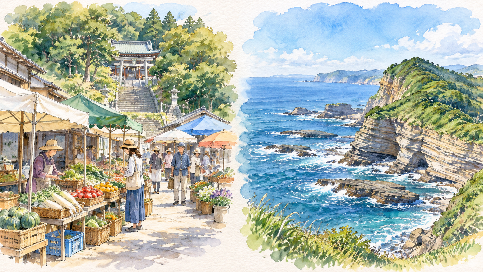 勝浦朝市の露店と鵜原の岩肌が続く青い海岸を並べたイラスト