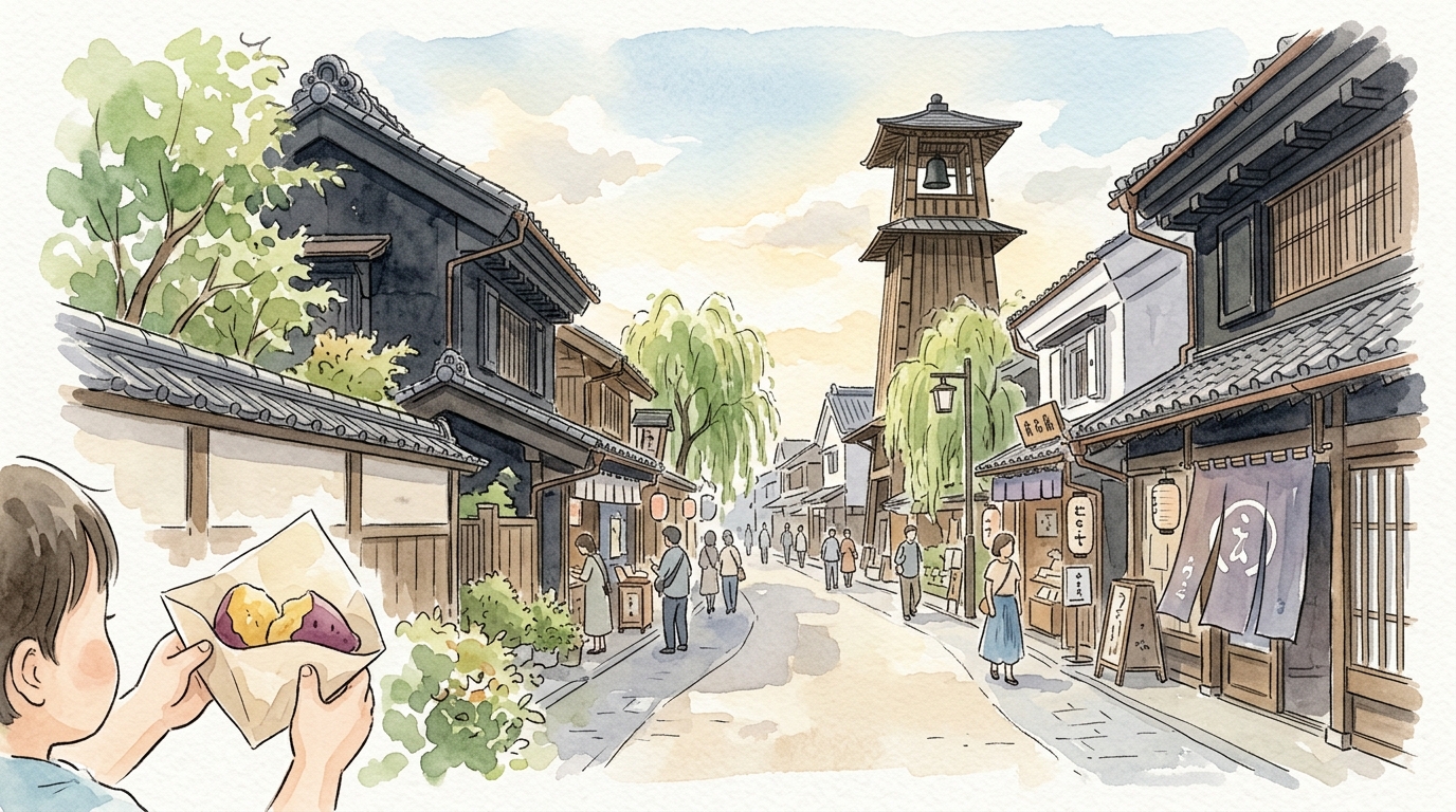 時の鐘と蔵造りの町並みを午後に歩く川越散策の水彩イラスト