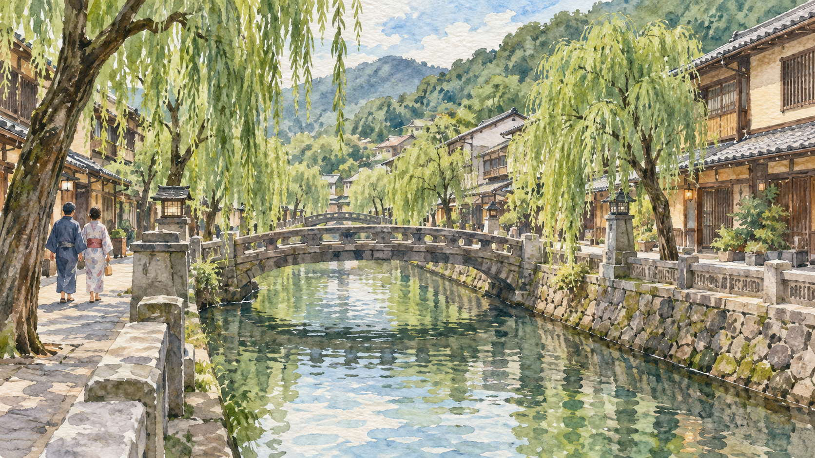 柳並木と石橋が続く城崎温泉の川沿いを描いた手描きイラスト