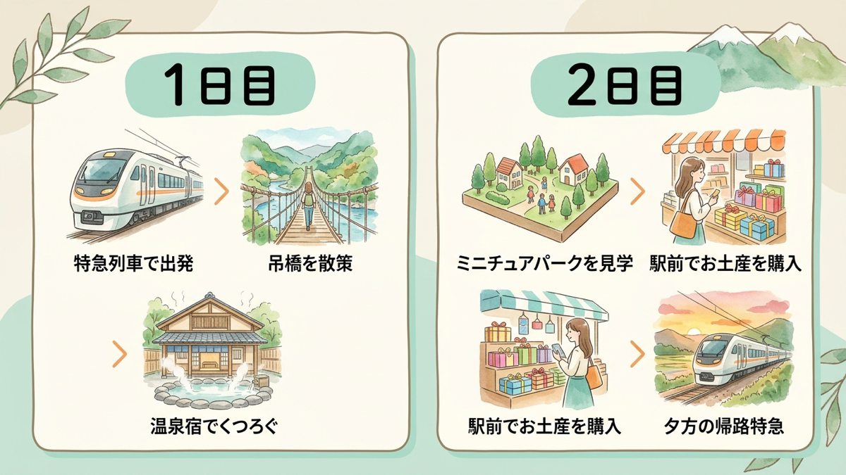 東京から鬼怒川温泉へ行く車なし1泊2日モデルコースの全体行程イメージ