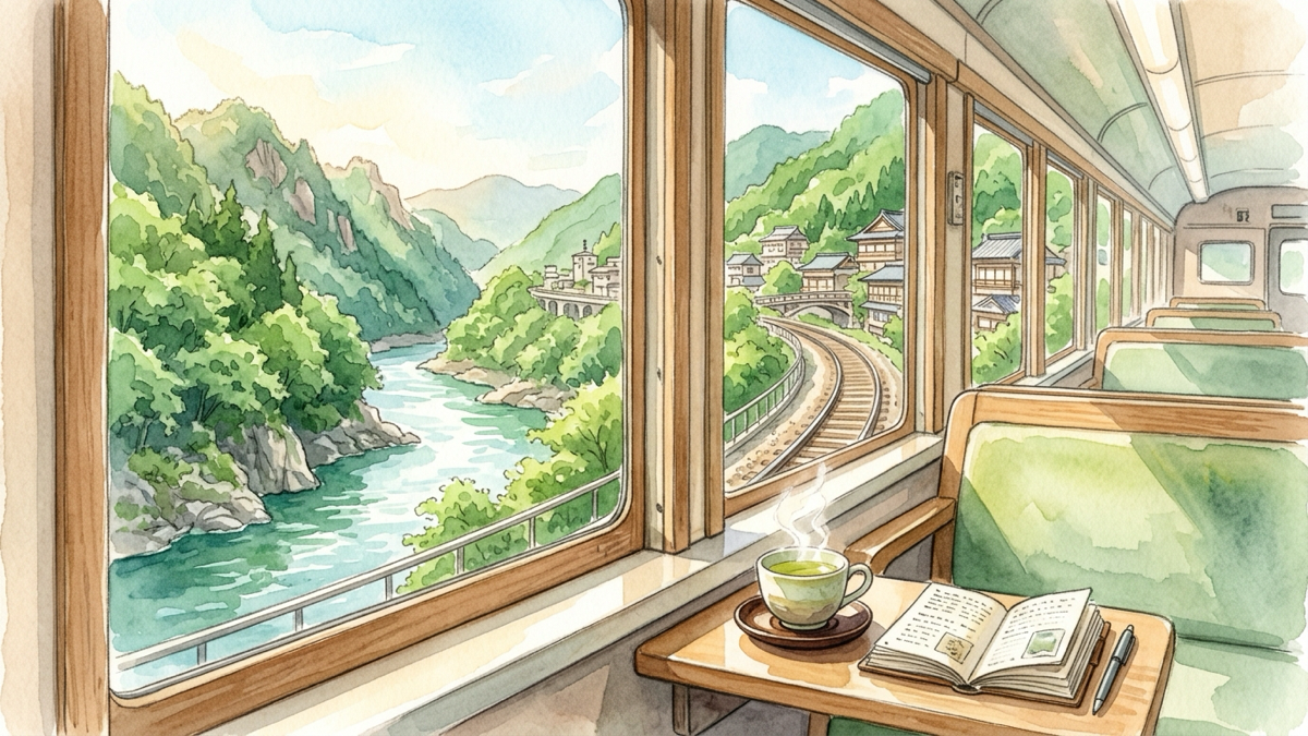 東京から鬼怒川温泉へ電車で向かう車なし温泉旅のイメージを描いた手描き水彩イラスト