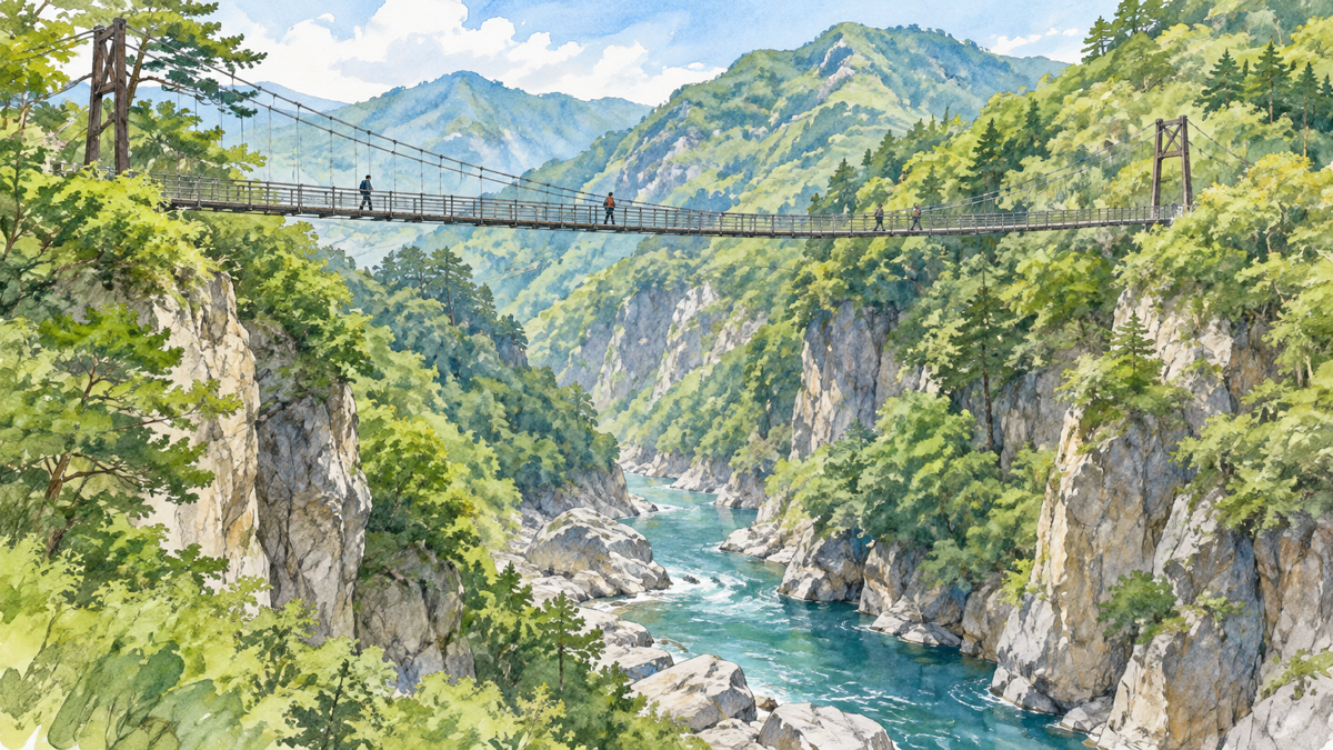 鬼怒川の渓谷に架かる歩行者用吊橋と山並みのイラスト
