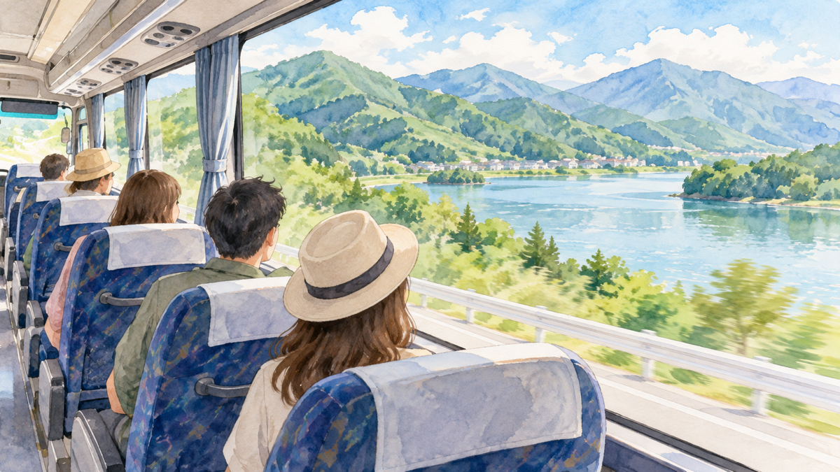 車窓から景色を眺めて観光地へ向かう日帰りバスツアーのイラスト