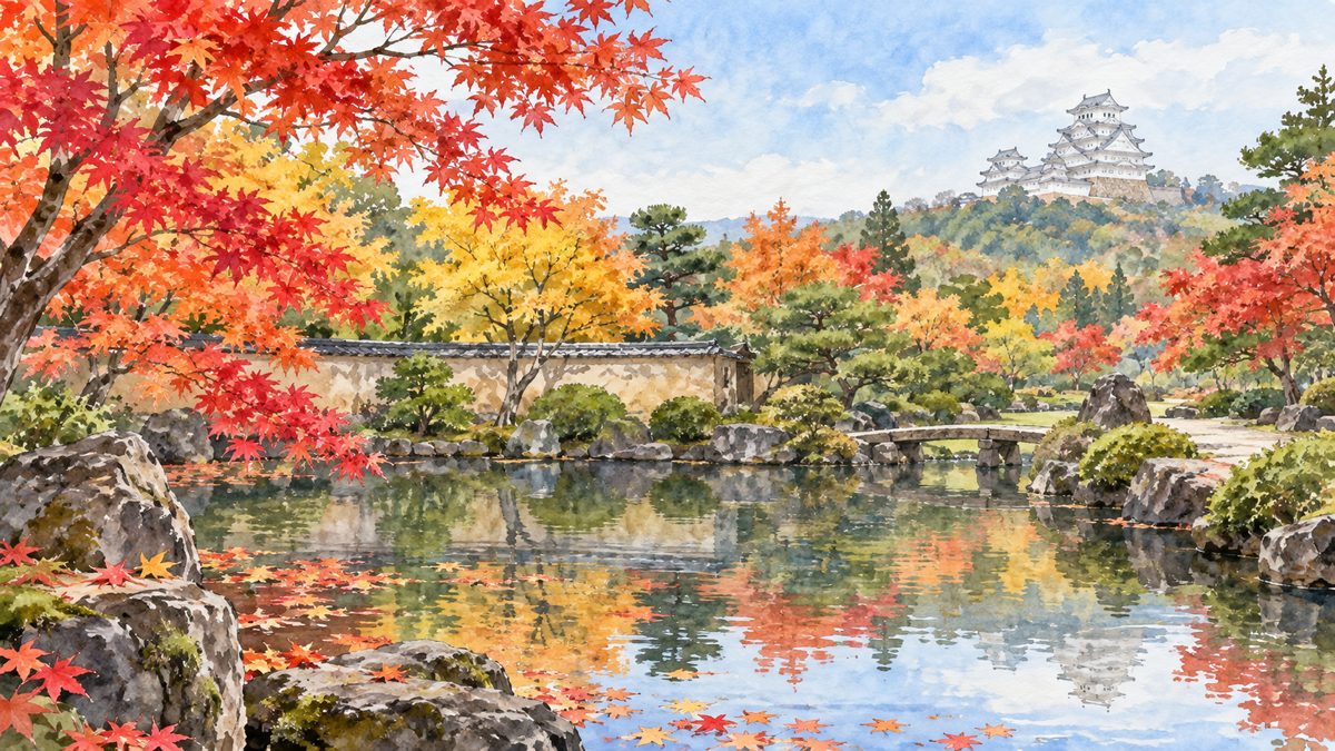 紅葉した池泉庭園と、その向こうに白い姫路城を望む秋のイラスト