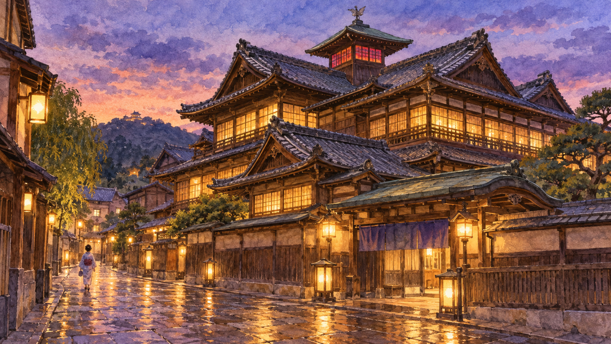 夕暮れ時にあたたかい灯りがともる、歴史ある木造建築の道後温泉本館を描いたイラスト