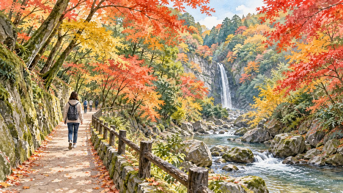 赤や黄色の紅葉に包まれた川沿いの滝道を歩く箕面の秋のイラスト