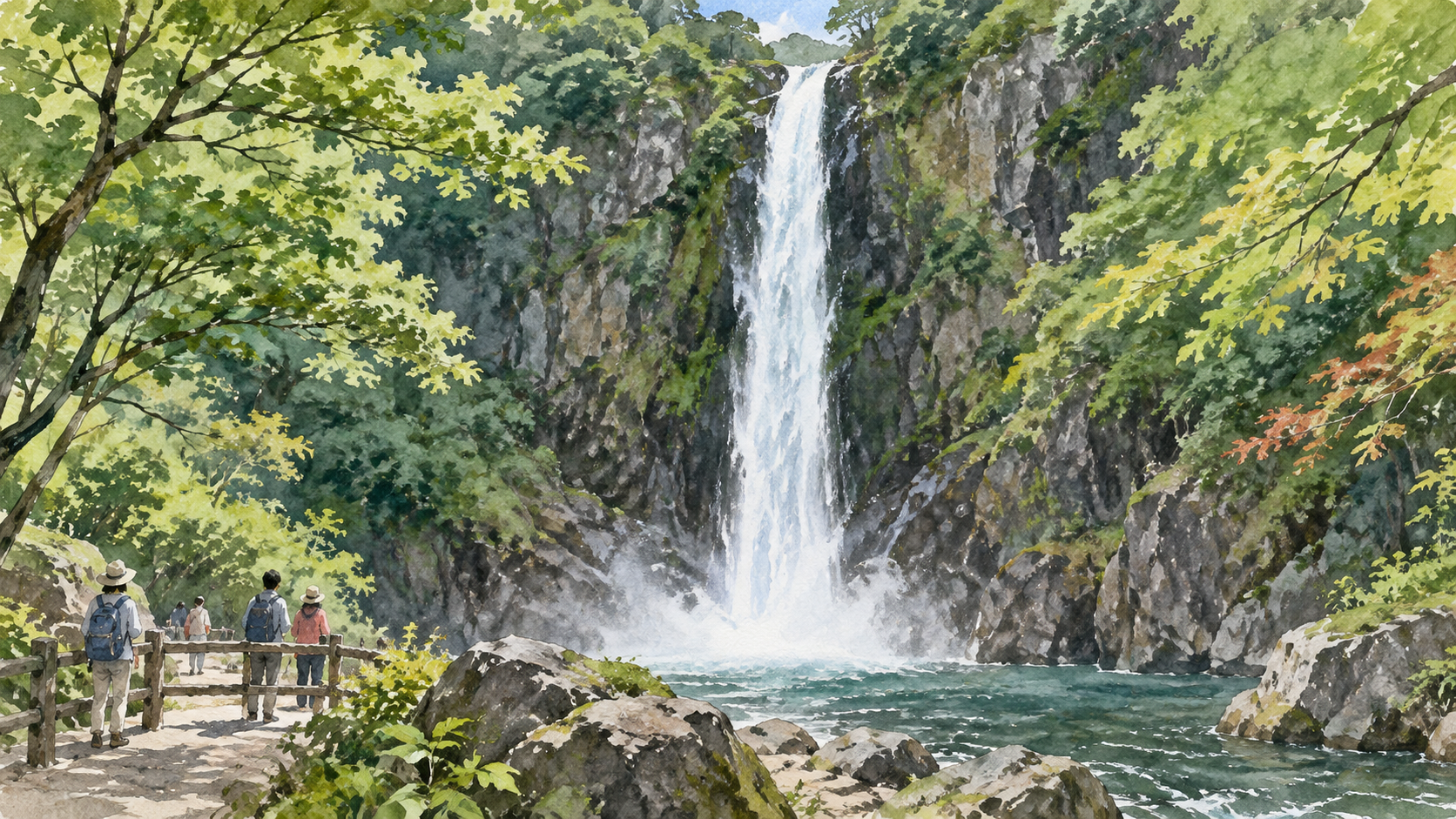 高い岩壁から落ちる箕面大滝と滝前で休む人の水彩イラスト