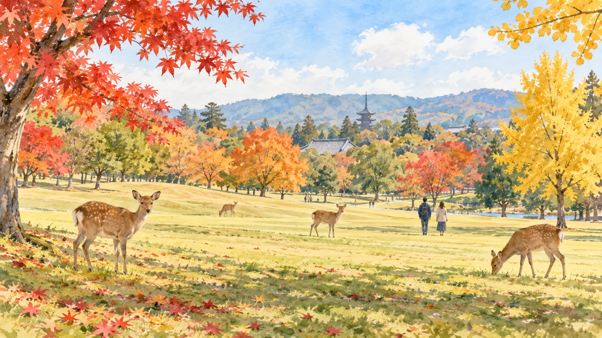 赤や黄色に色づく木々と芝生の間に鹿がたたずむ奈良公園の秋のイラスト