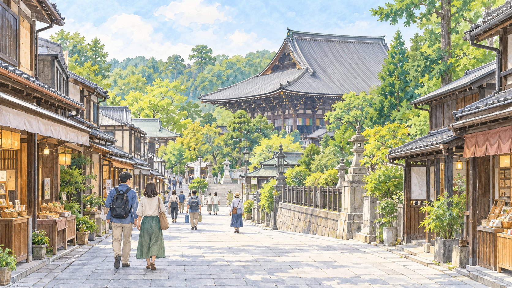 成田山の参道から大きな屋根の本堂と緑の境内へ続く景観のイラスト