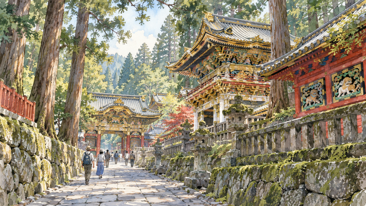 杉木立の中の華やかな社寺と門前を歩く人を描いた日光のイラスト
