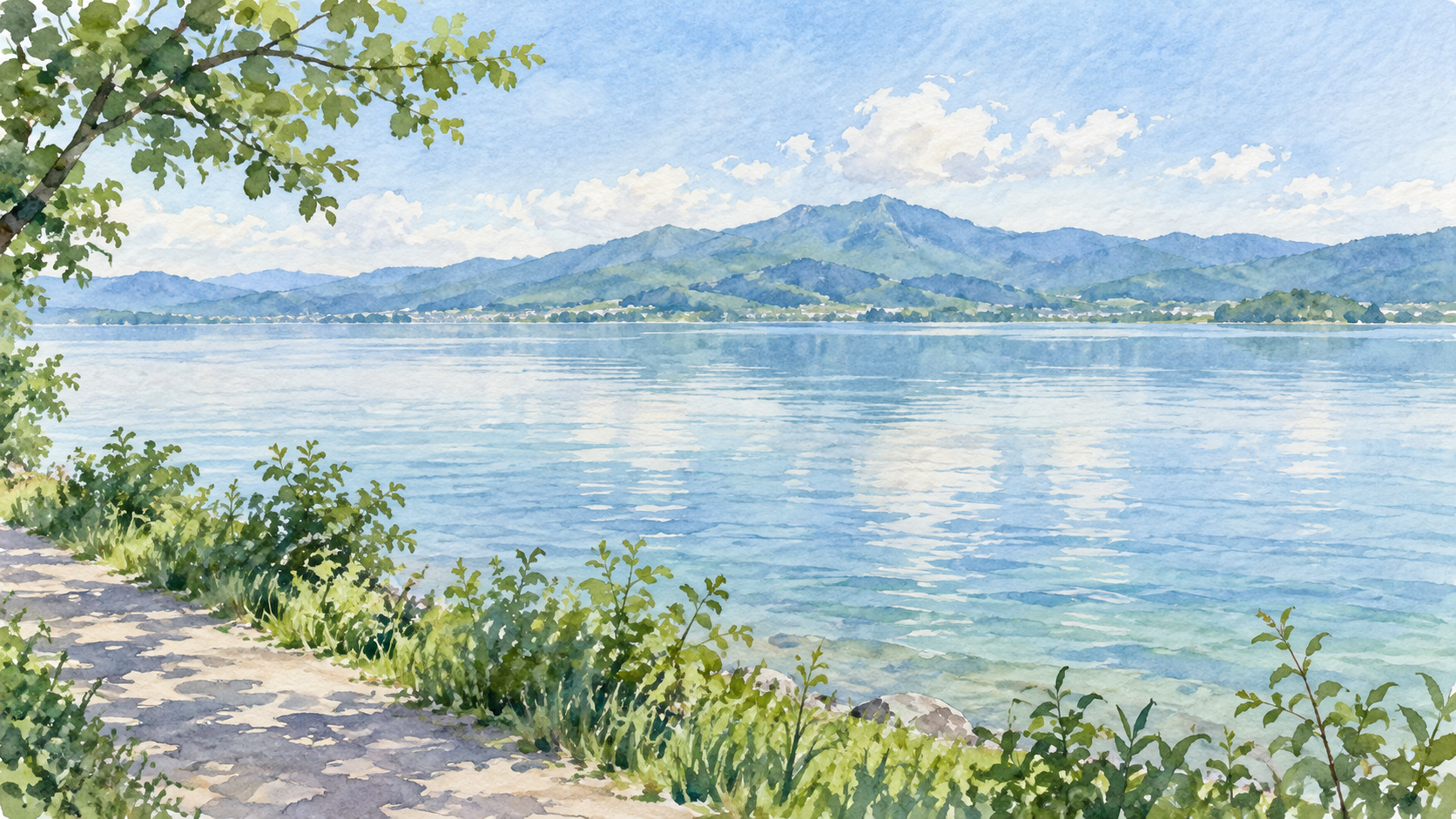 琵琶湖の穏やかな水面と対岸の山並みを描いた手描きイラスト
