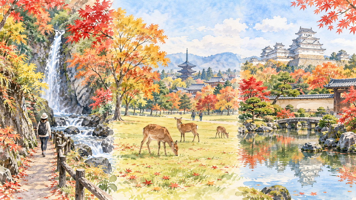 箕面の渓谷歩き、奈良公園の鹿、姫路の庭園と城を並べた秋の日帰り比較イラスト