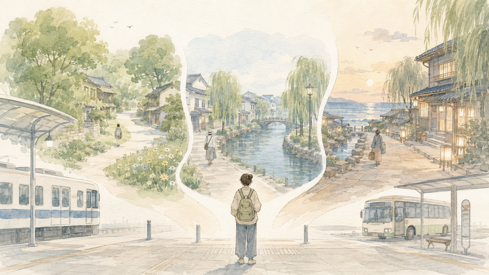 大阪発の車なし旅行で電車やバスを使って旅先を選ぶイメージイラスト