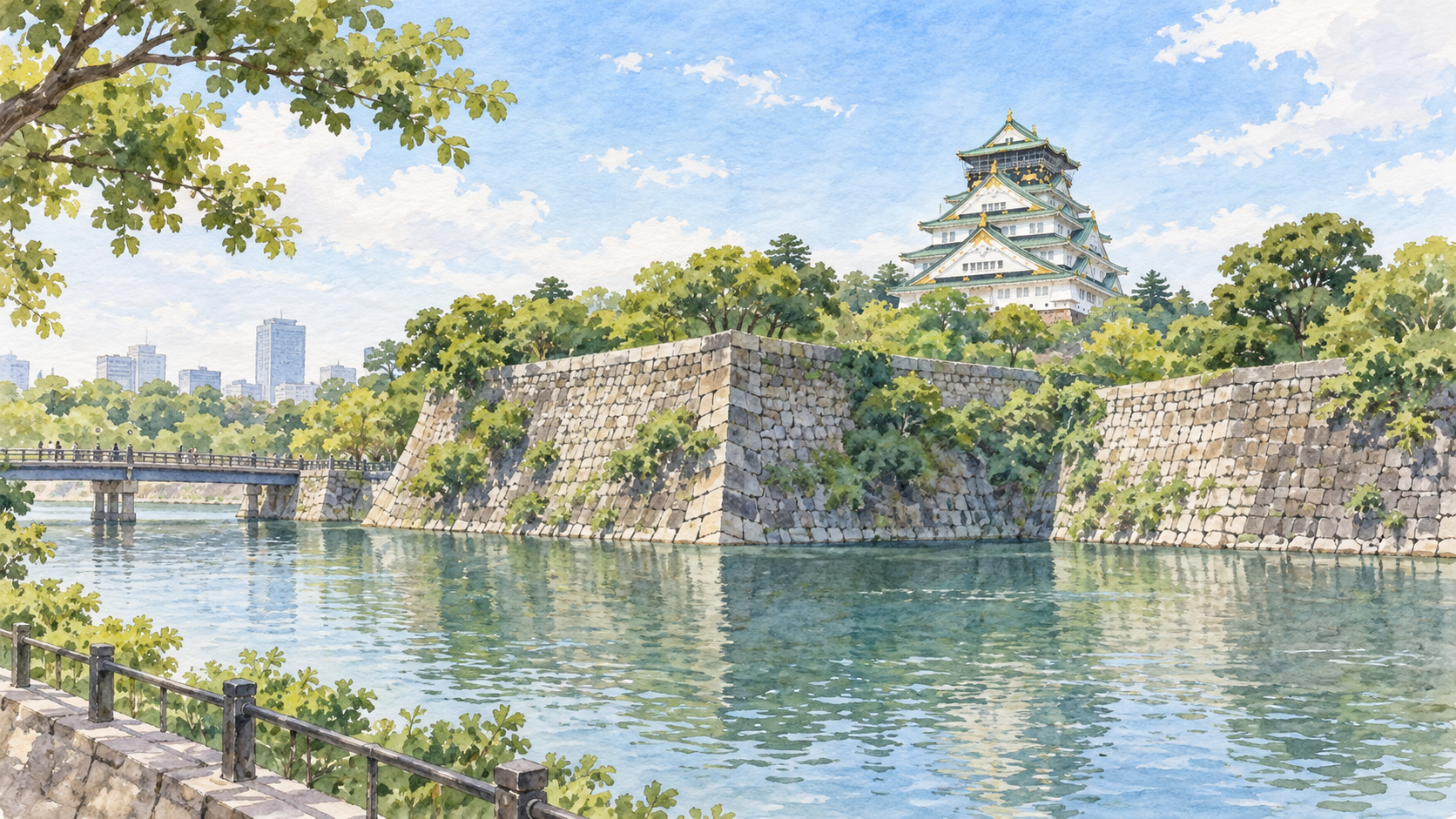 堀と石垣の向こうに大阪城天守閣が見える手描きイラスト