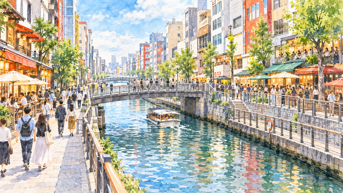 道頓堀の運河沿いと街歩きの雰囲気を描いた手描きイラスト