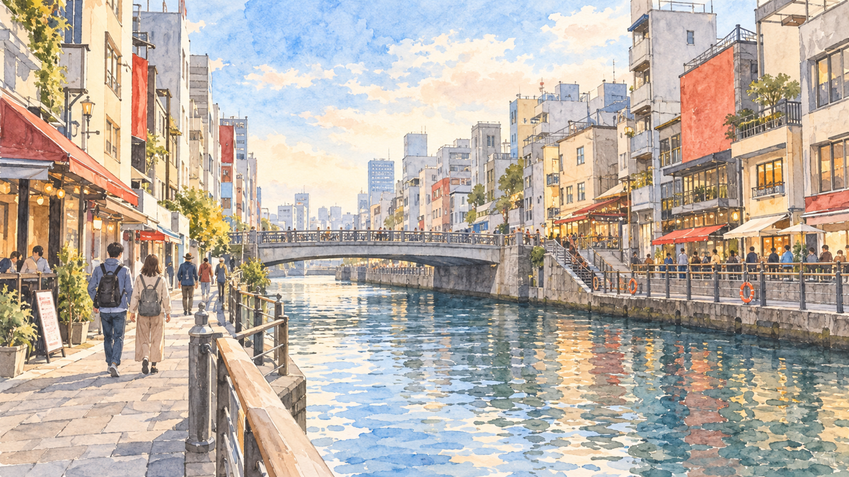 道頓堀の川沿いの遊歩道から飲食店街へ歩く人を描いたイラスト