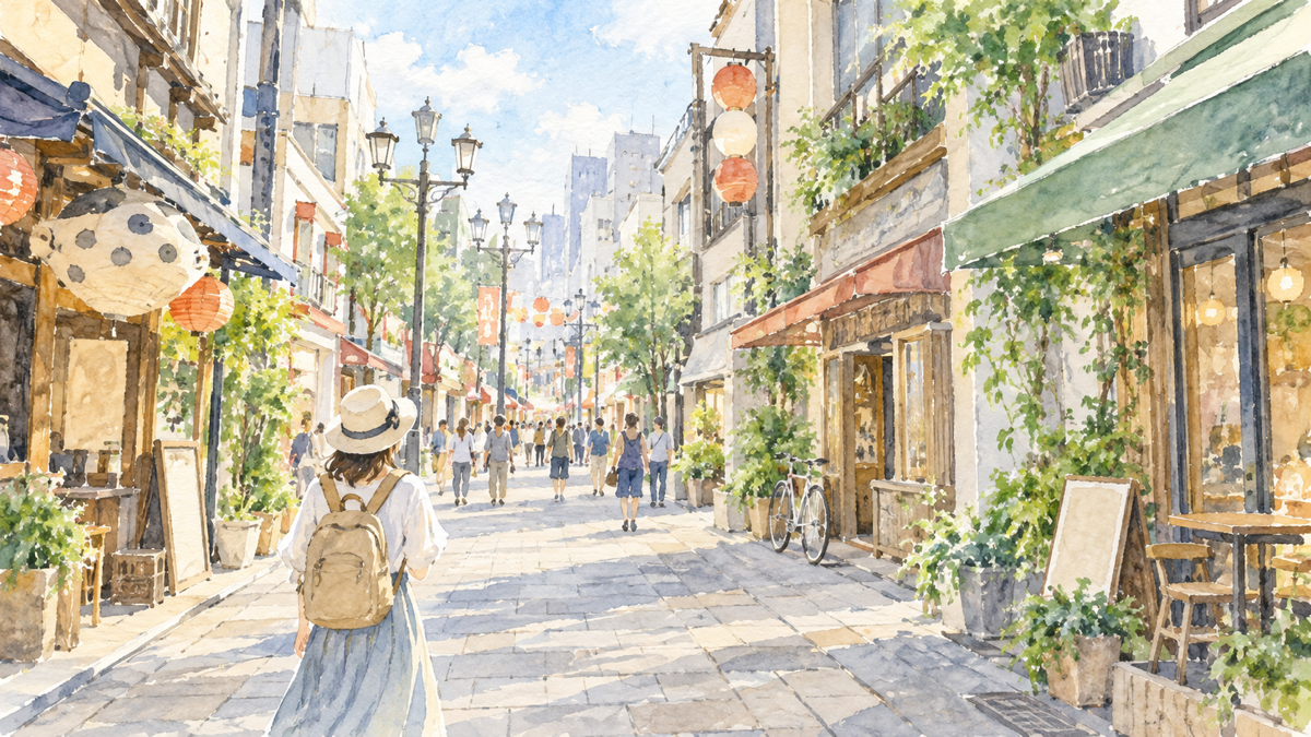 店が並ぶ賑やかな通りを歩くミナミ散策の水彩イラスト