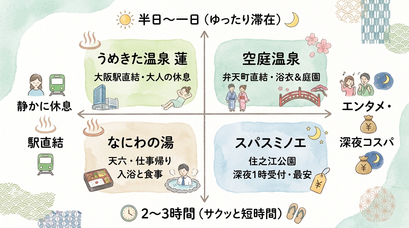 大阪の日帰り温泉4施設を滞在時間と利用スタイルで比較した2軸マトリクス図解
