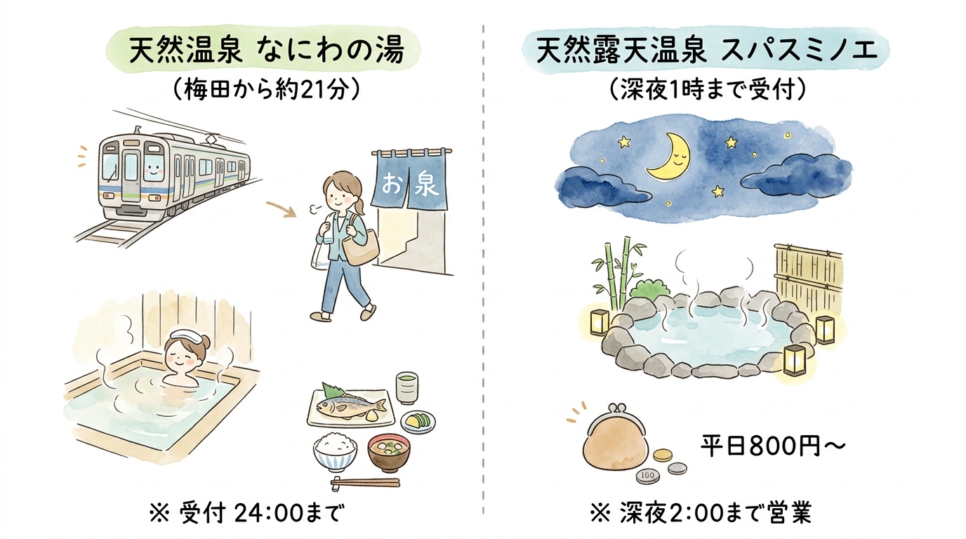 天然温泉 なにわの湯(梅田から約21分・入浴と食事)と、天然露天温泉 スパスミノエ(深夜1時受付・最安800円〜)の使い分けを比較したイラスト図解
