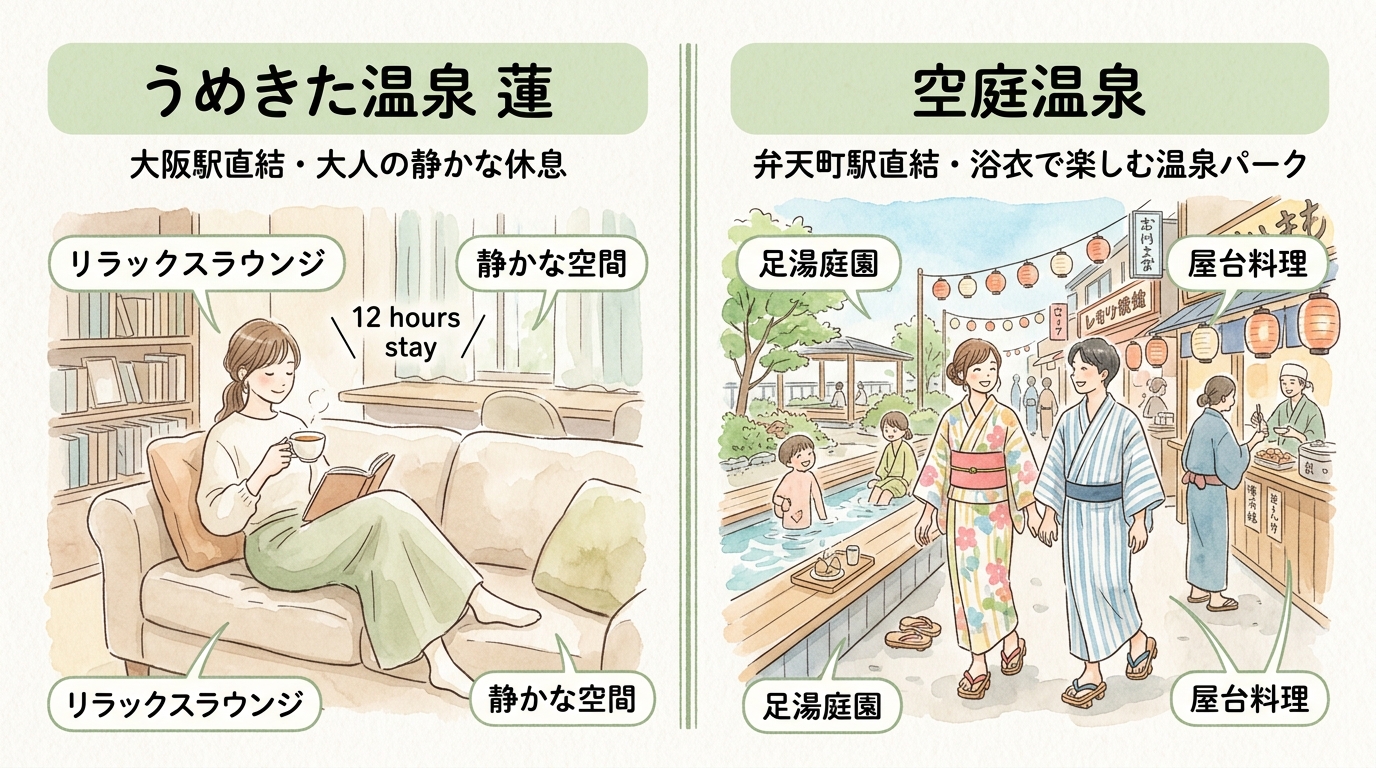 うめきた温泉 蓮の静かな休息と、空庭温泉の浴衣散策の過ごし方を対比したイラスト図解