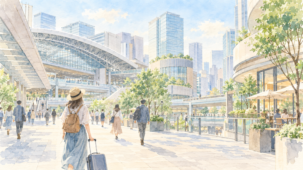 大きな駅の周りに商業施設と高層ビルが並ぶ梅田をイメージした水彩イラスト