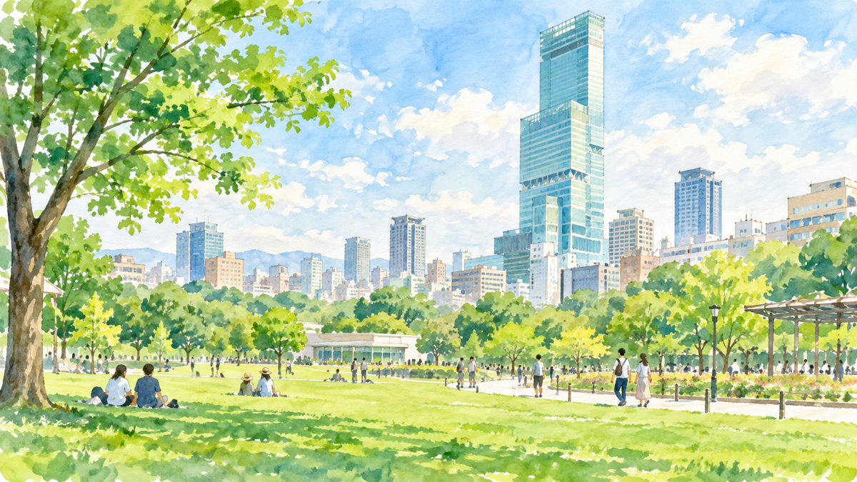 高層のあべのハルカスを背景に天王寺公園の緑を歩く人のイラスト