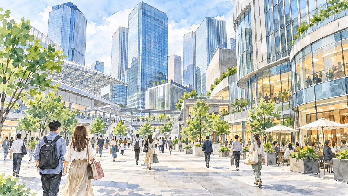 大阪駅北側の現代的な商業街を描いた手描きイラスト