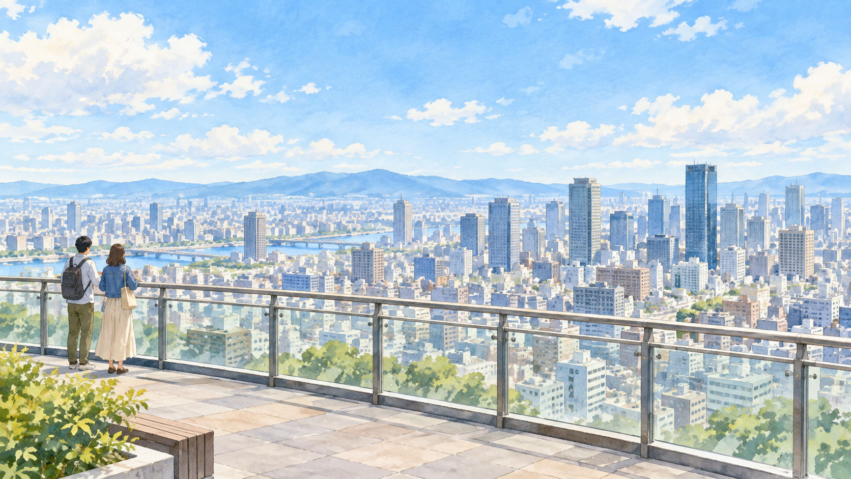 高所の屋外展望スペースから広がる大阪市街を描いたイメージイラスト