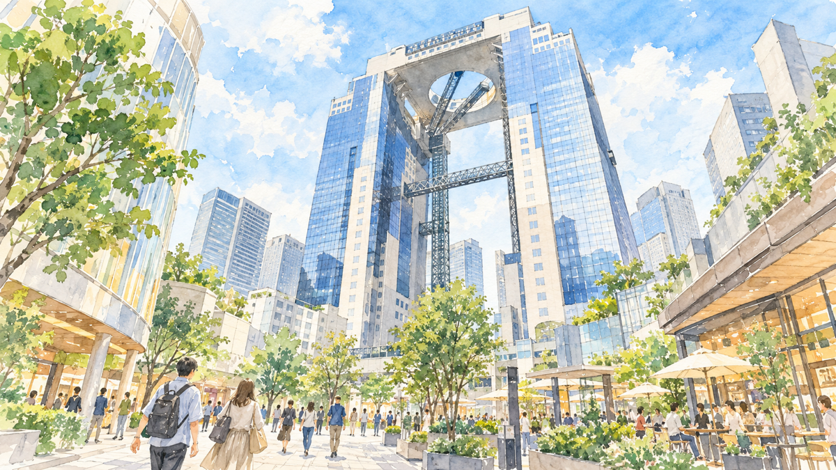 二棟が上部でつながる展望建築を見上げながら梅田の街を歩くイラスト