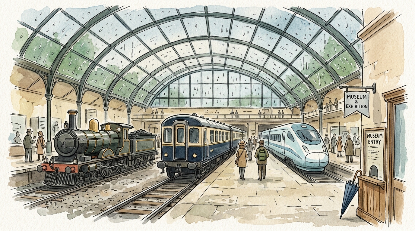 雨の日に屋内で歴代の列車展示を楽しむ鉄道博物館の水彩イラスト