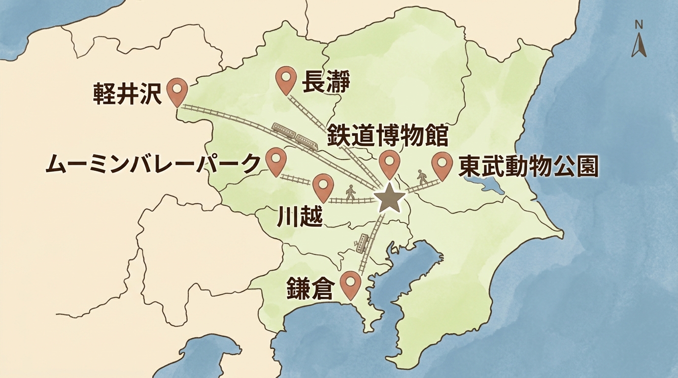 大宮を基準に埼玉県内5候補と軽井沢・鎌倉の方角を示した日帰り旅行先マップ