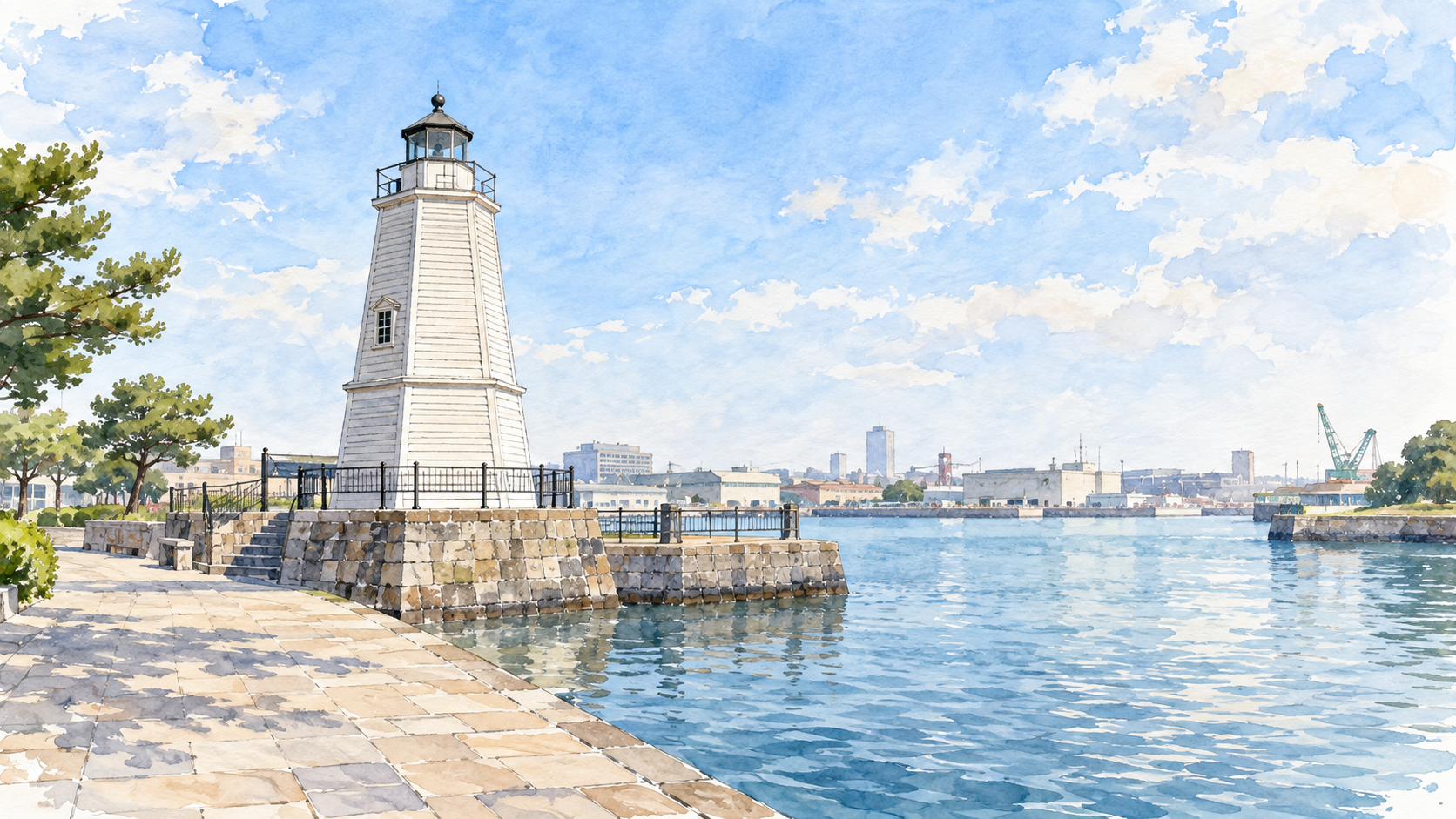 堺旧港の護岸に立つ白い六角錘形の旧堺燈台を描いた水彩イラスト