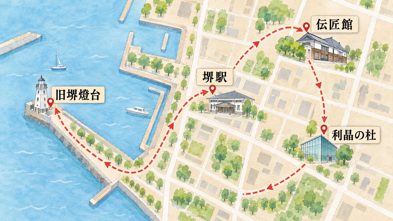 堺駅から東の伝匠館と利晶の杜を経て西の旧堺燈台を回る簡略マップ