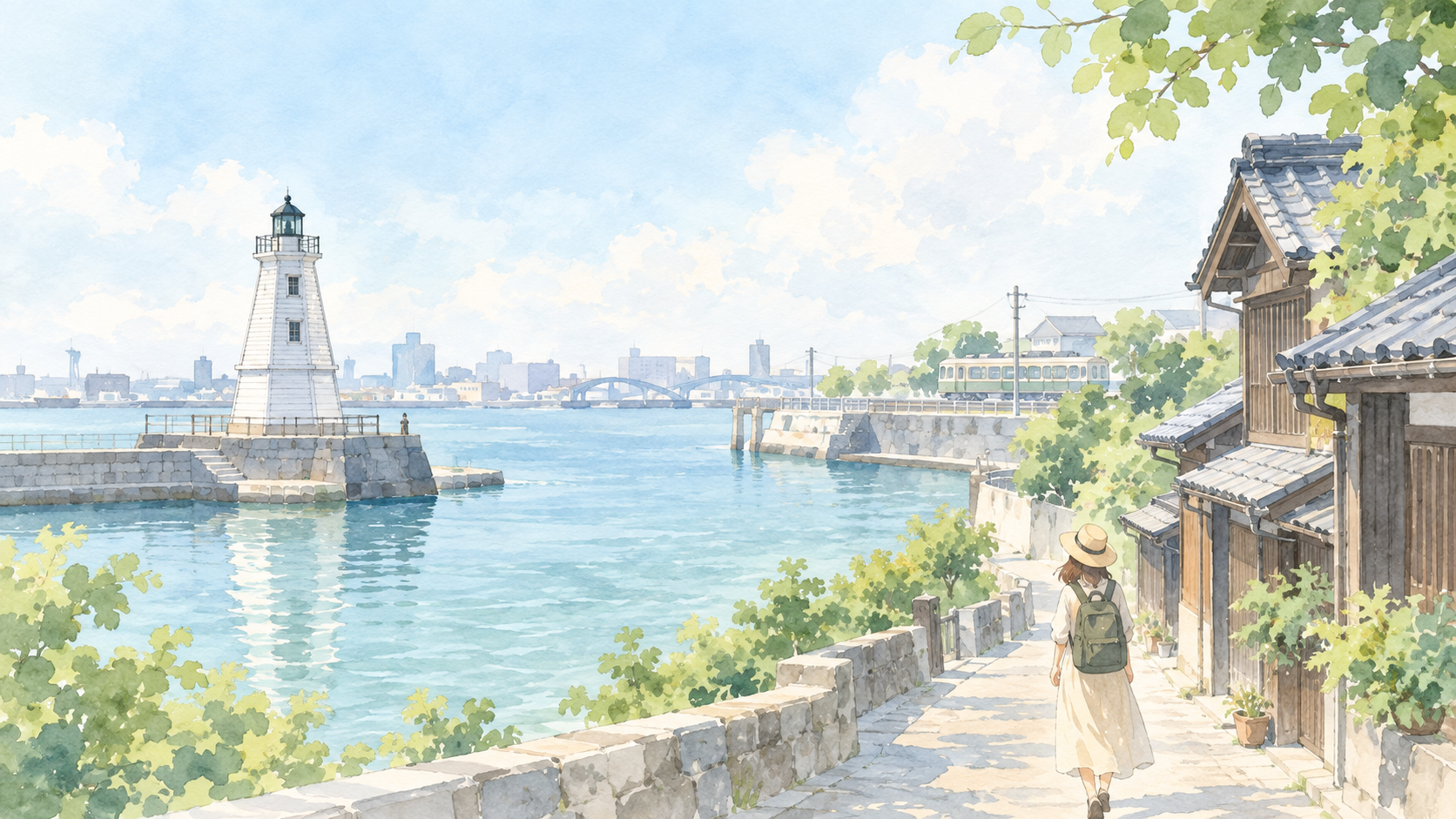 電車で堺へ向かい旧市街から海辺の旧堺燈台へ歩く一日を表した水彩イラスト